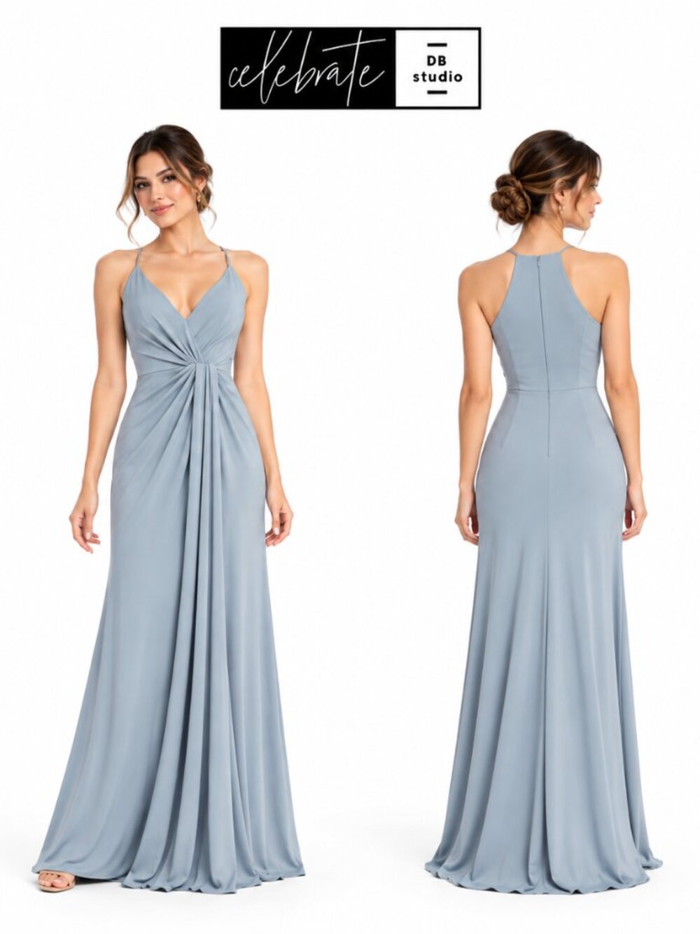 DB Studio Celebrate Dusty Blue V-Neck Knotted Front Halter Maxi Dress Size 2